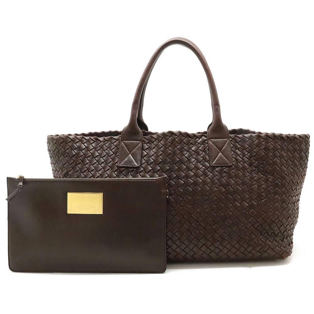 BOTTEGA VENETA Intrecciato Cabas Tote Bag Leather Dark Brown Pouch